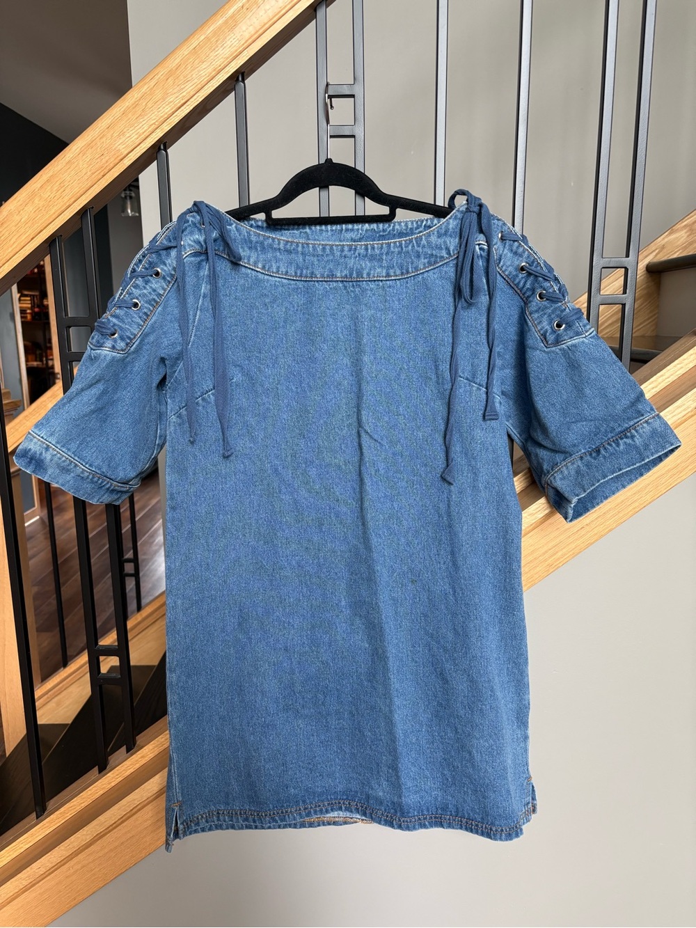 Maeve Denim Off-Shoulder Tie-Sleeve Tunic - Blue